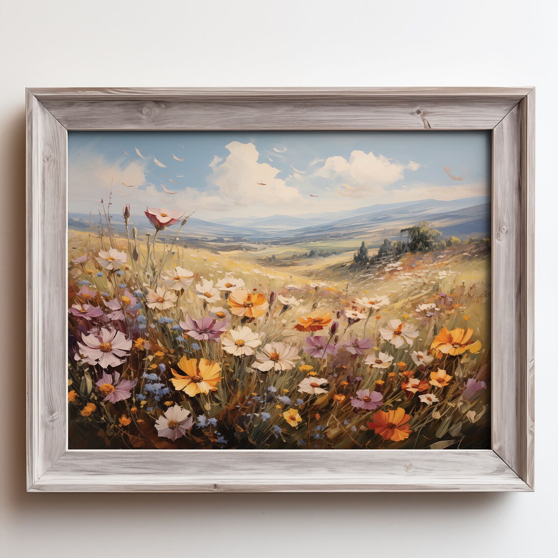 Wildflower Meadow Flying Birds Blue Sky Rolling Hills Oil Painting Poster