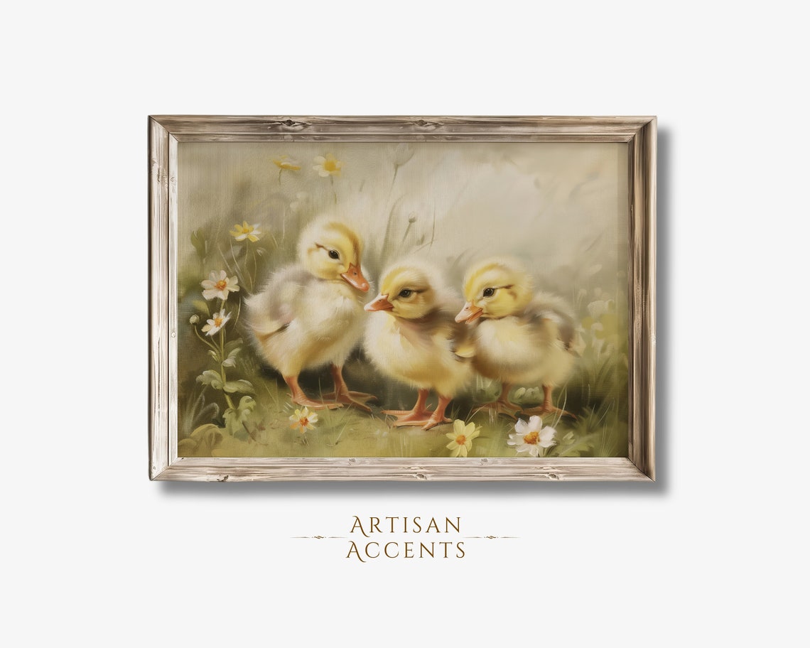 Three Baby Ducklings In Spring Wildflowers Cute Farmhouse Art Print