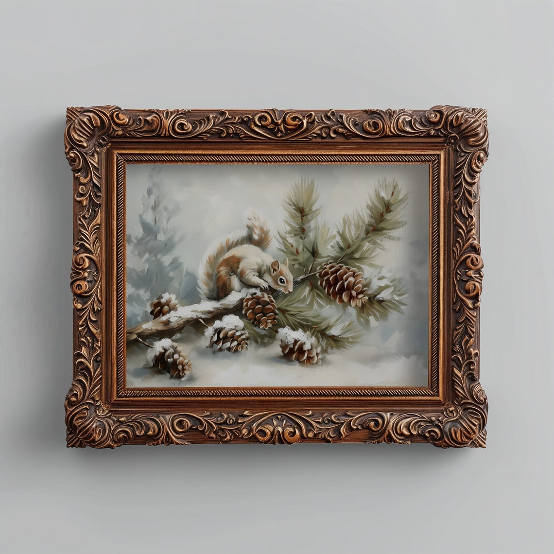 Squirrel On Snowy Pine Branch With Pinecones Winter Painting Print - Image 5