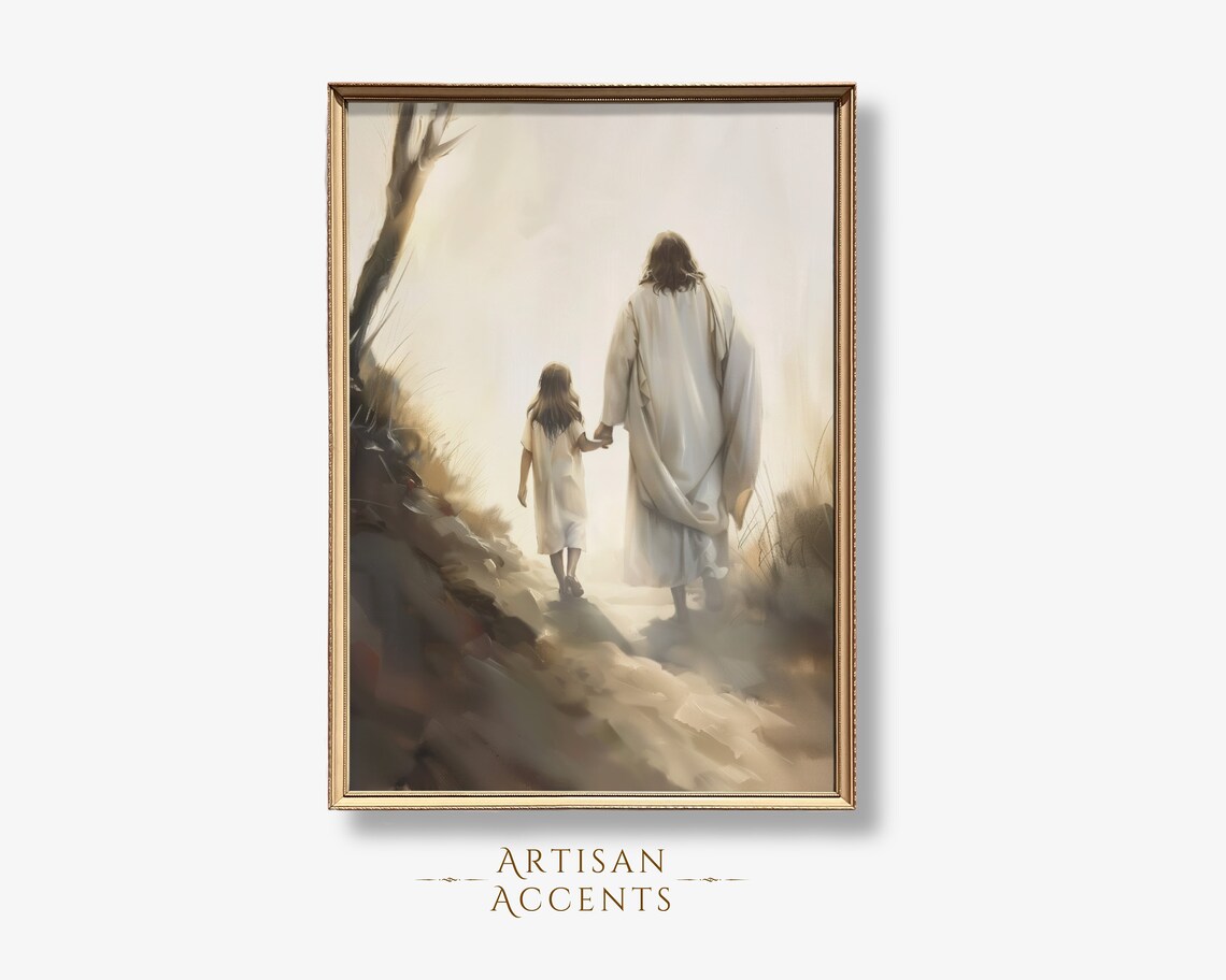 Jesus Walking With Girl, Inspirational Art Print