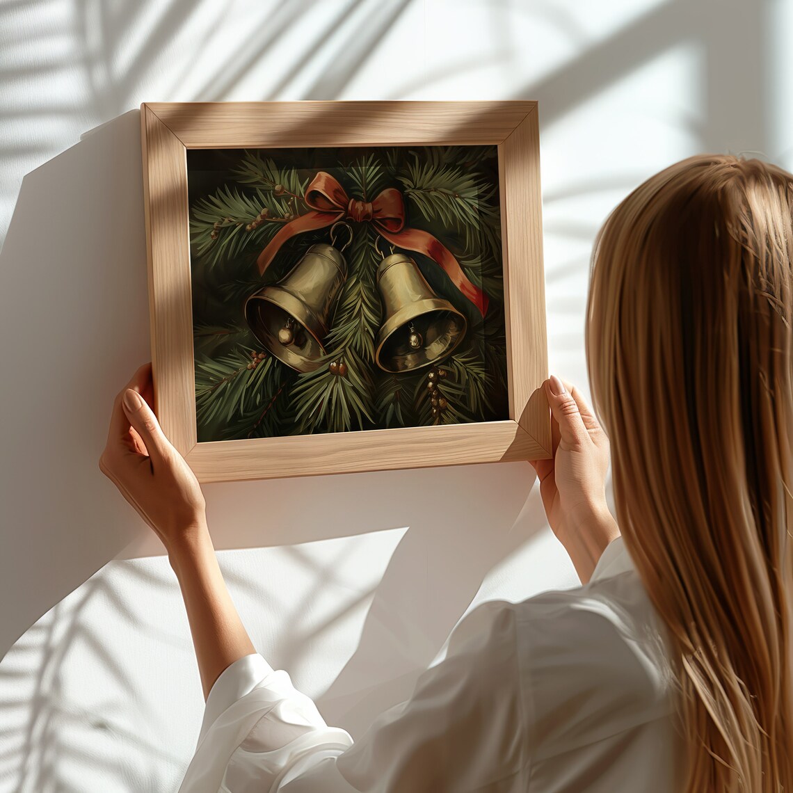 Golden Christmas Bells With Red Bow Pine Vintage Holiday Art Print - Image 3