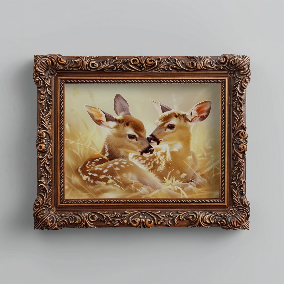 Two Baby Deer Fawns Nuzzling In Golden Meadow Wildlife Art Print - Image 4