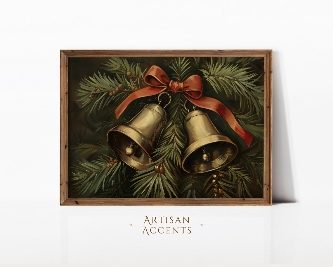 Golden Christmas Bells With Red Bow Pine Vintage Holiday Art Print