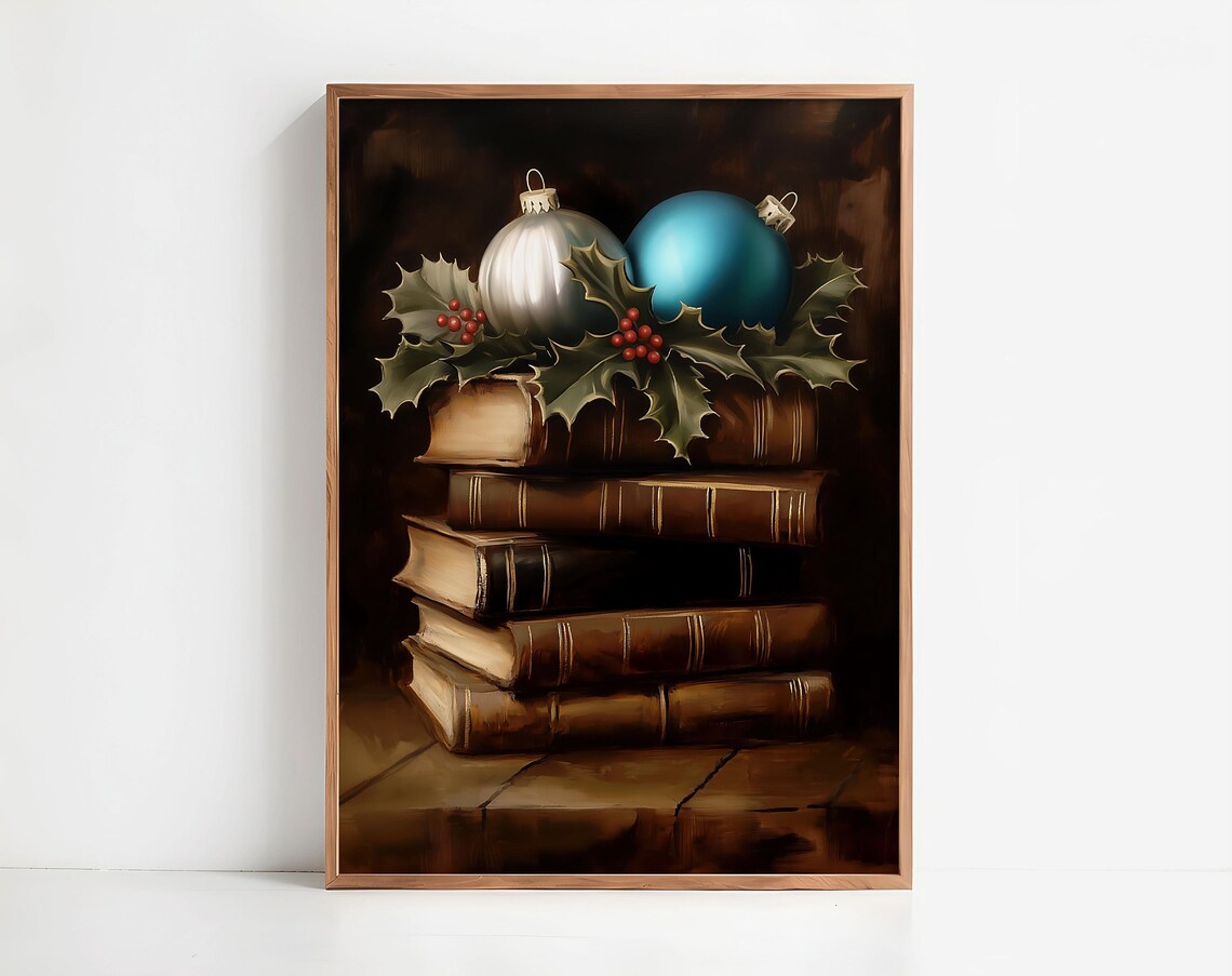 Silver And Blue Christmas Ornaments On Vintage Books Holiday Wall Art - Image 5