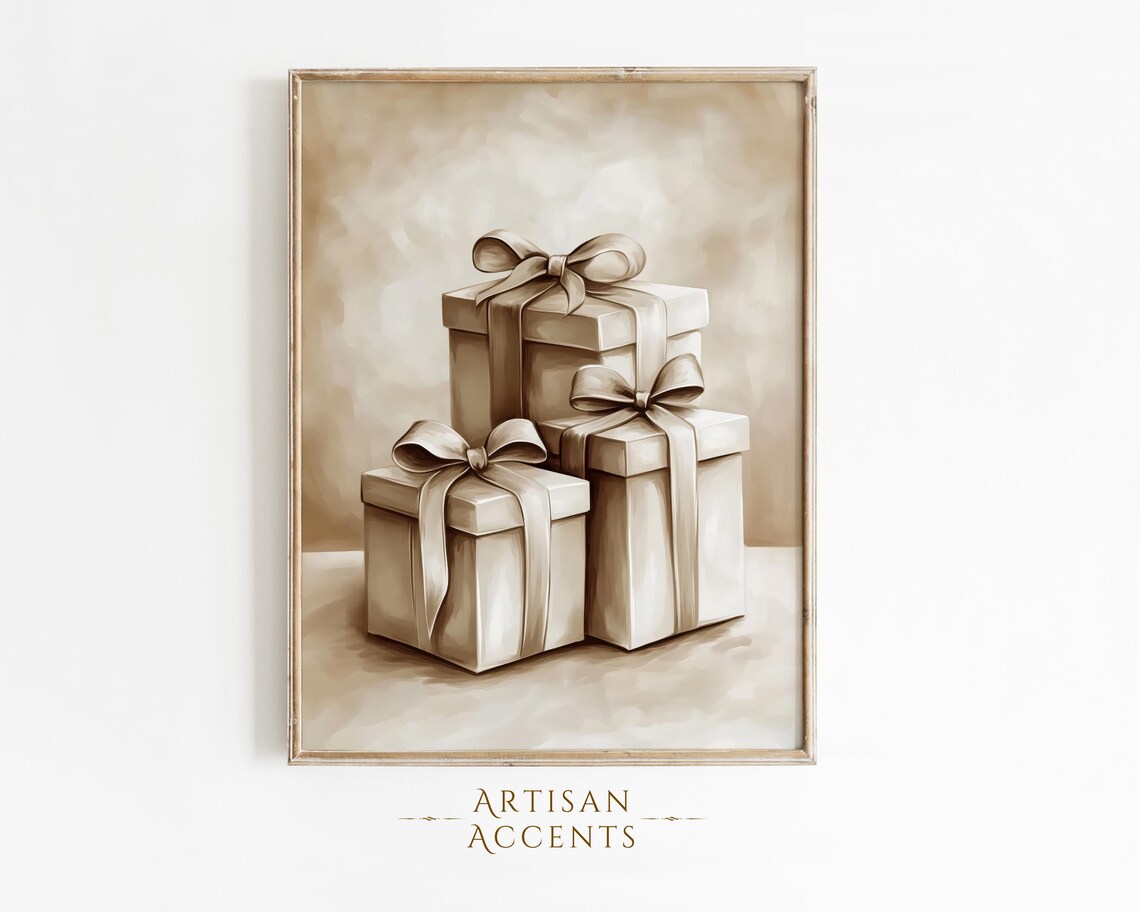 Beige Christmas Gifts Art Print, Rustic Vintage Holiday Decor