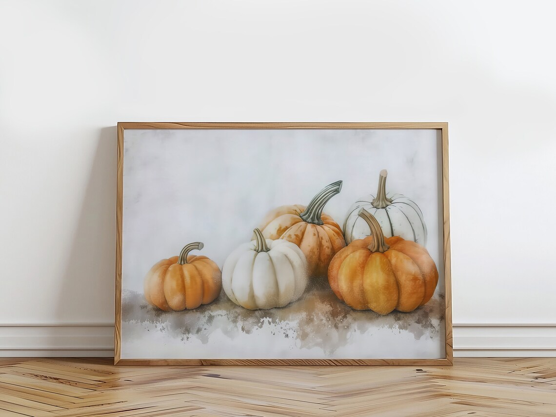 Orange And White Pumpkins Fall Watercolor Still Life Art Print - Image 4