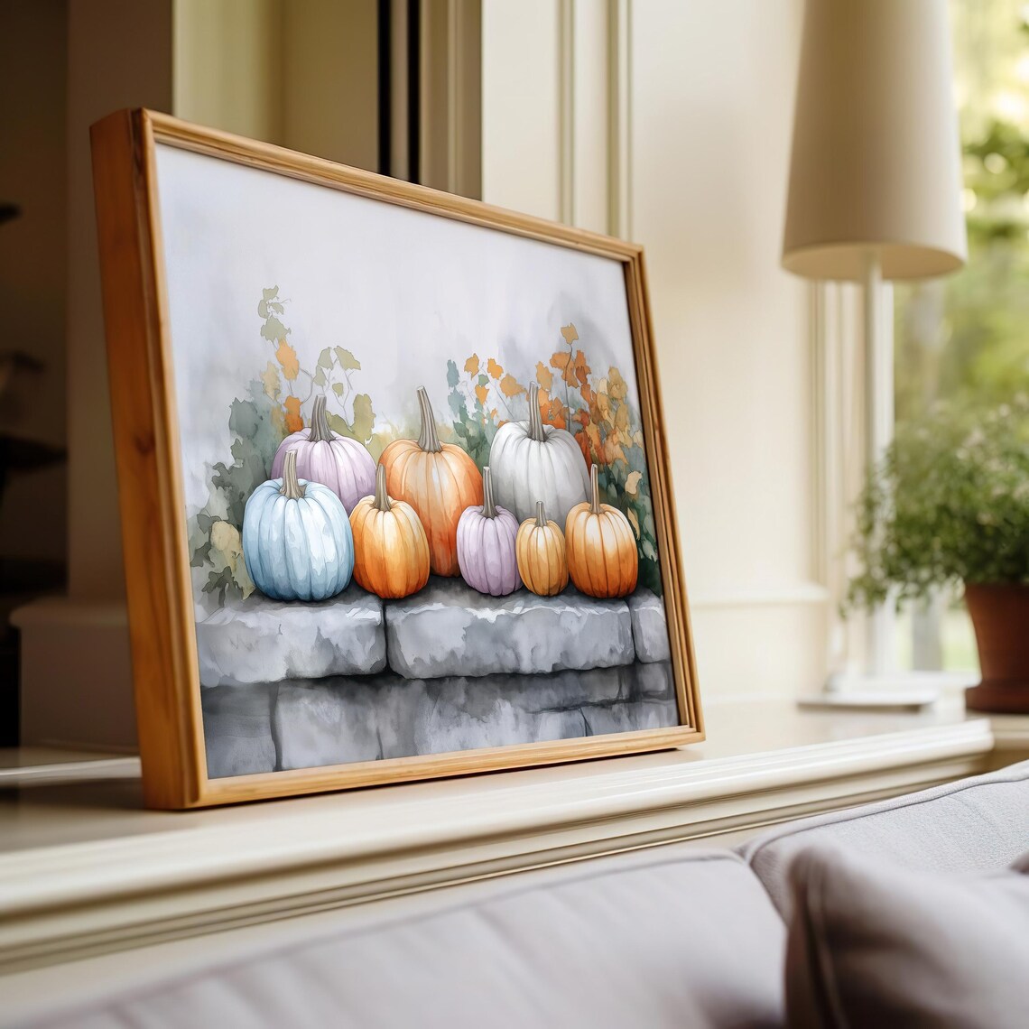 Pastel Pumpkins Stone Wall Fall Leaves Watercolor Autumn Oil Painting Poster - Image 5
