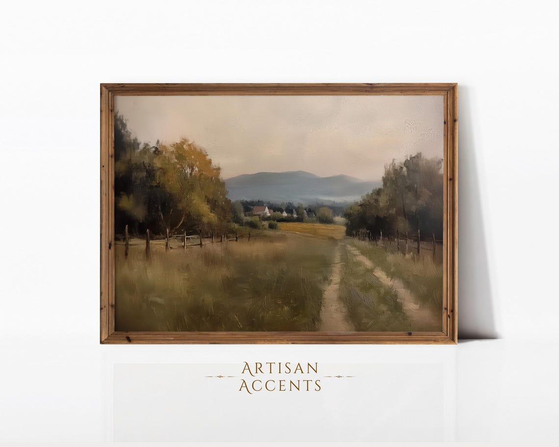 Country Road Through Golden Fields Vintage Countryside Painting Print