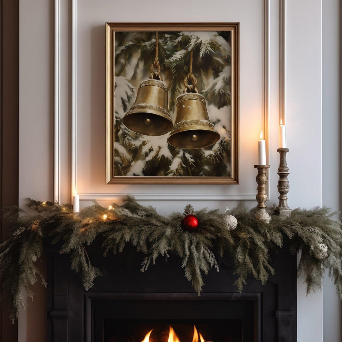 Golden Jingle Bells Hanging On Snowy Pine Christmas Holiday Art Print - Image 5