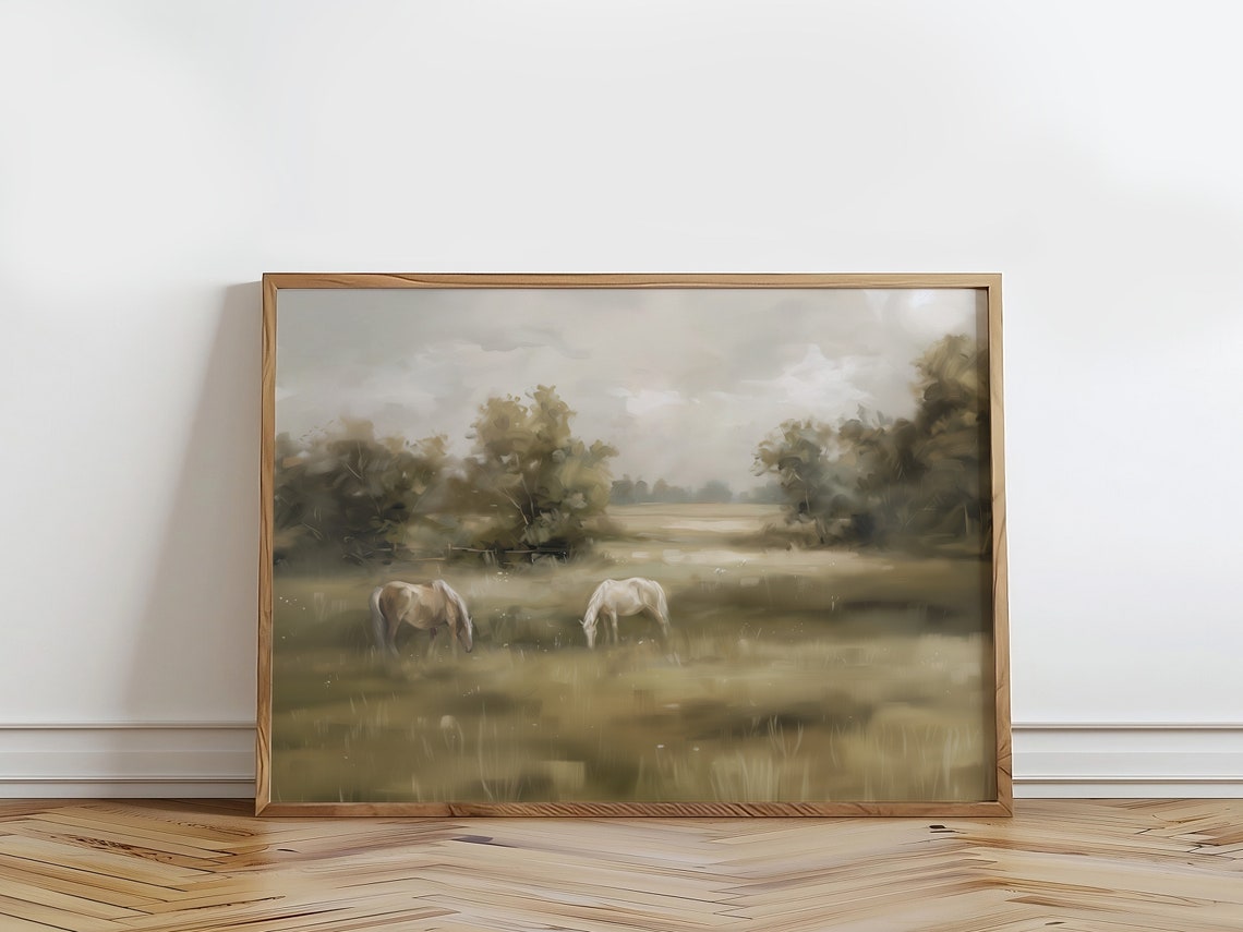 Horses Grazing In Misty Meadow Vintage Pastoral Oil Painting Print - Image 2