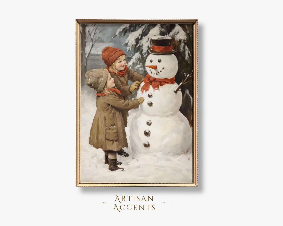 Children Building A Snowman Vintage Christmas Winter Scene Wall Art