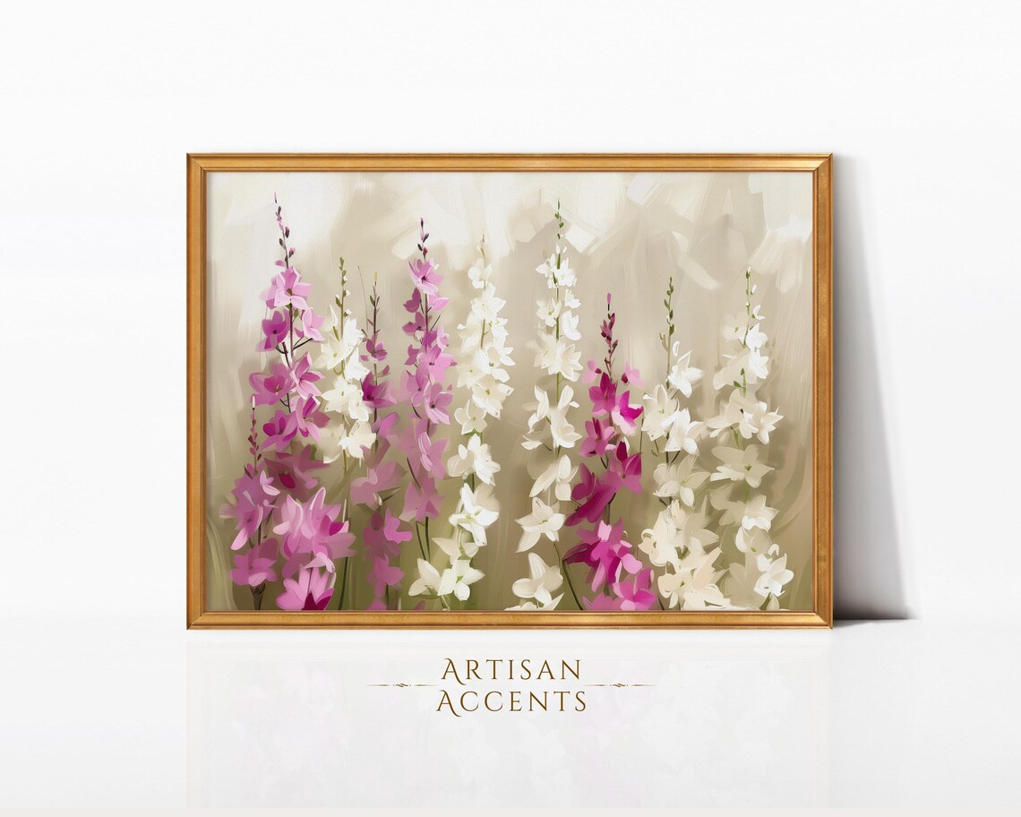 Pink And White Larkspur Wildflowers Botanical Oil Painting Wall Art - Image 2