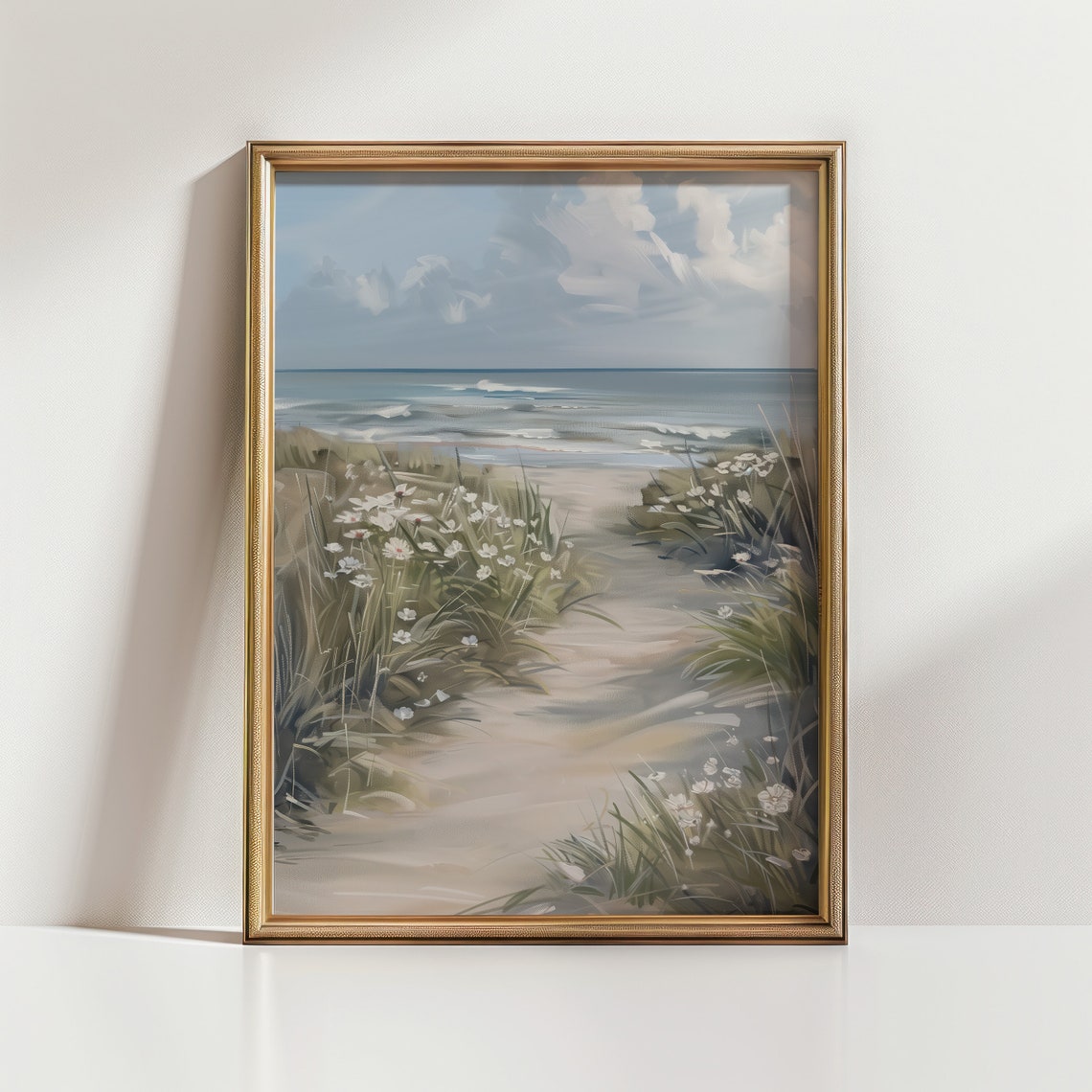 Sandy Beach Path Dune Grass White Wildflowers Ocean View Art Poster - Image 3