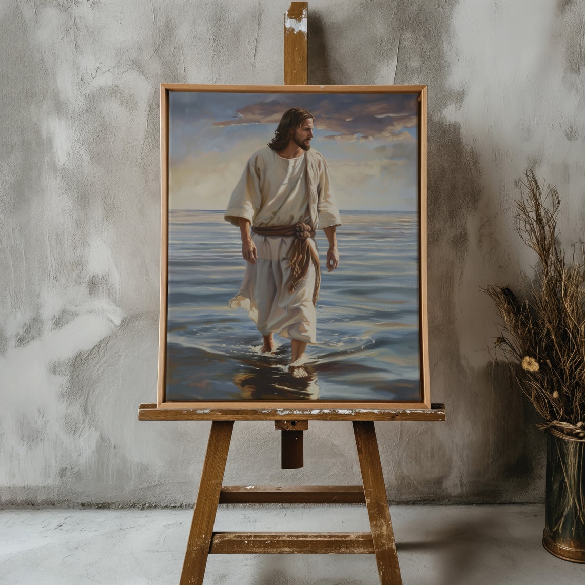 Jesus Walking On Water Serene Ocean Biblical Oil Painting Art Print - Image 2
