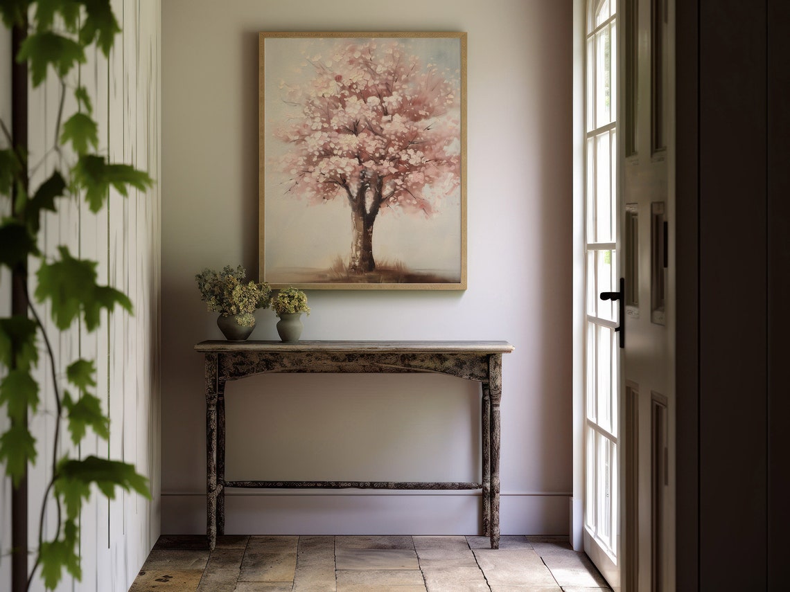 Lone Cherry Blossom Tree Pink Bloom Soft Spring Landscape Art Print - Image 3