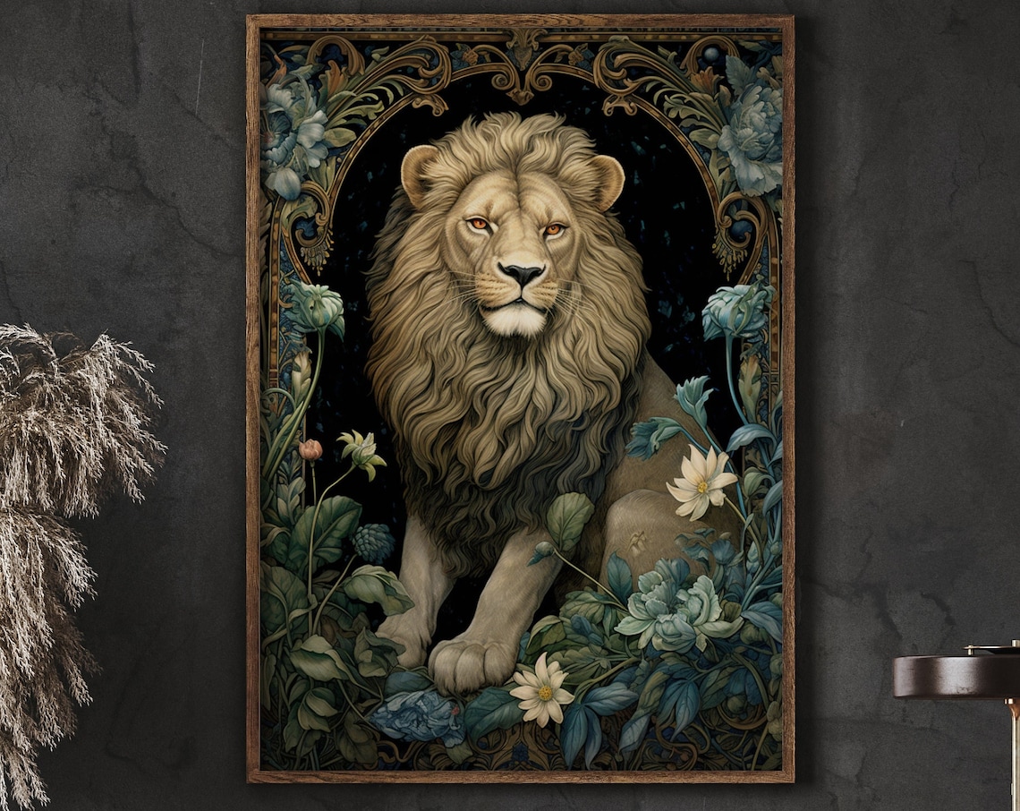 Majestic Lion Amid Dark Floral Foliage Vintage Botanical Wildlife Poster