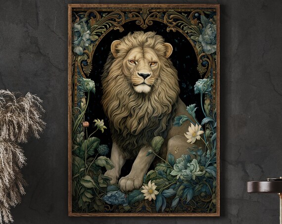 Majestic Lion Amid Dark Floral Foliage Vintage Botanical Wildlife Poster