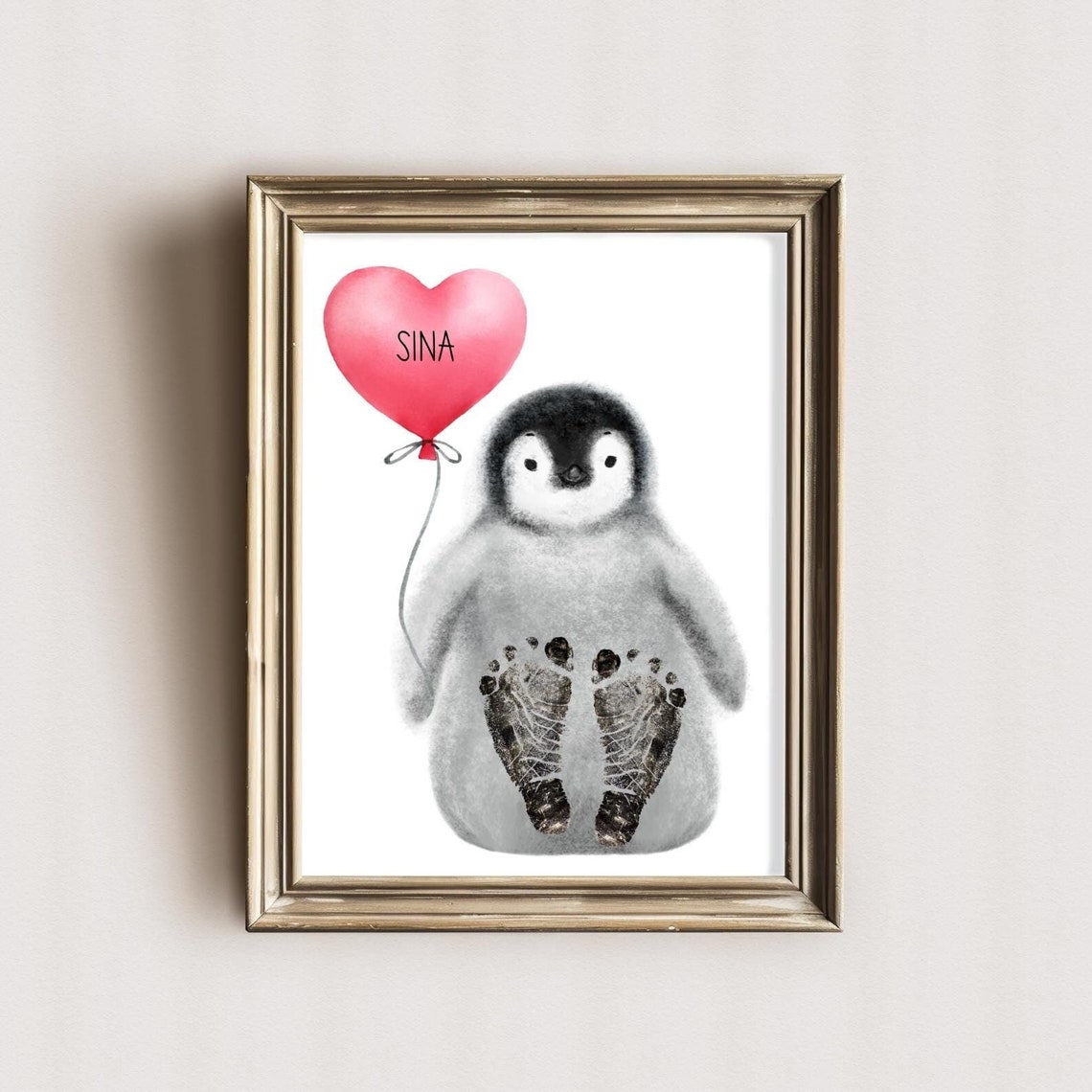 Personalized Penguin With Heart Balloon Name Footprint Poster