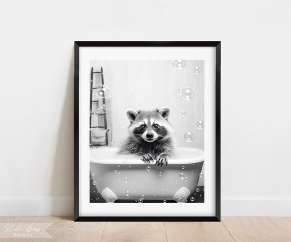 Raccoon Bubble Bath Art Black And White Wall Art Clawfoot Tub Home Decor Bathroom Decor Cute Instant