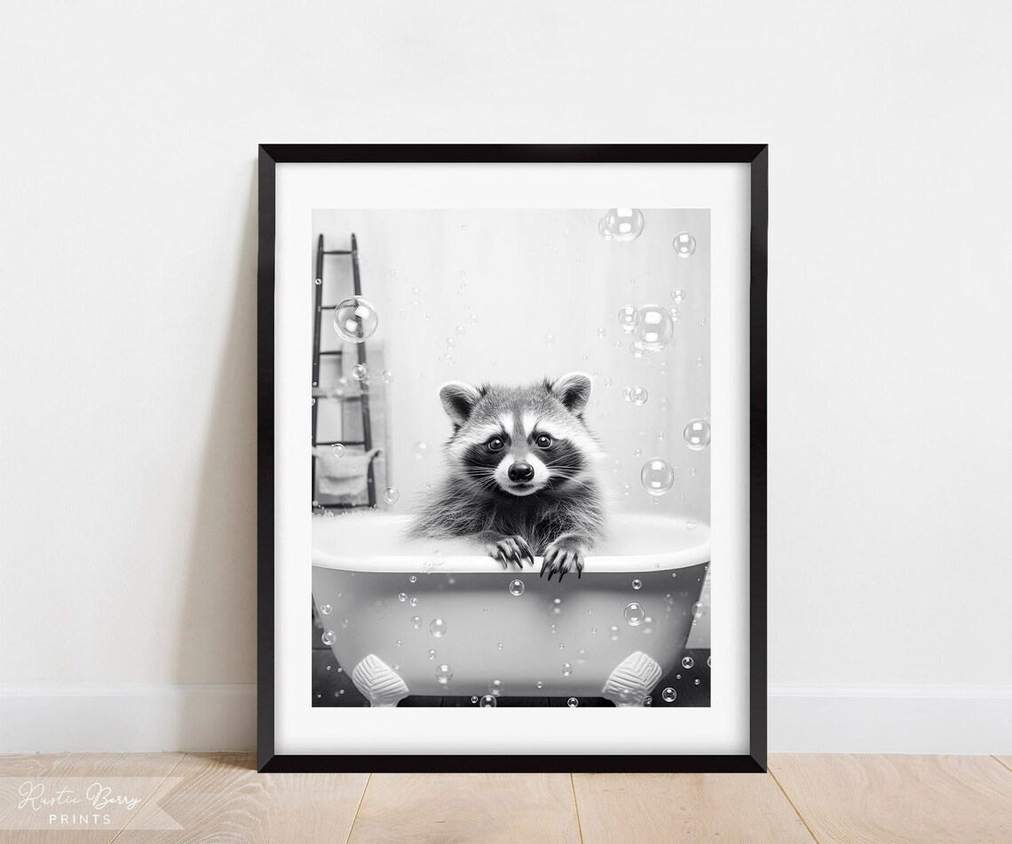 Raccoon Bubble Bath Black And White Clawfoot Tub Cute Animal Bathroom Wall Art Poster