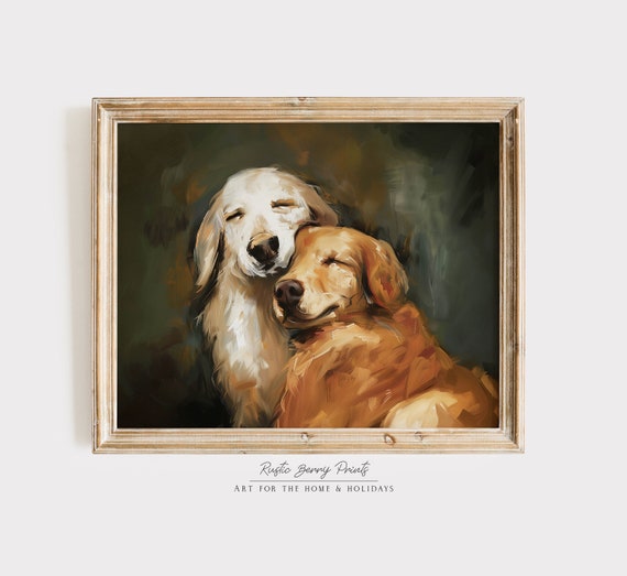 Cute Golden Retrievers Wall Art Oil Painting Vintage Gift For Dog Lovers Dogs Poster Antique Print