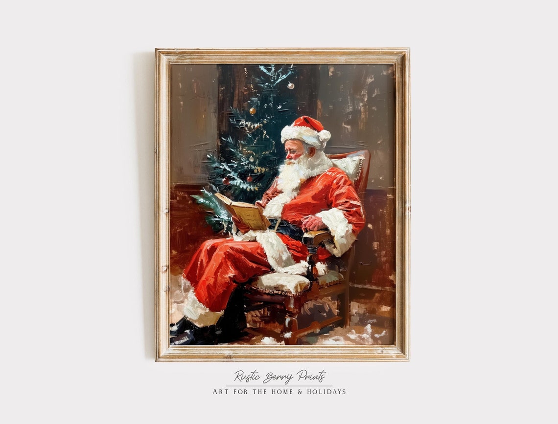 Santa Claus Reading Book By Christmas Tree Vintage Oil Painting Print