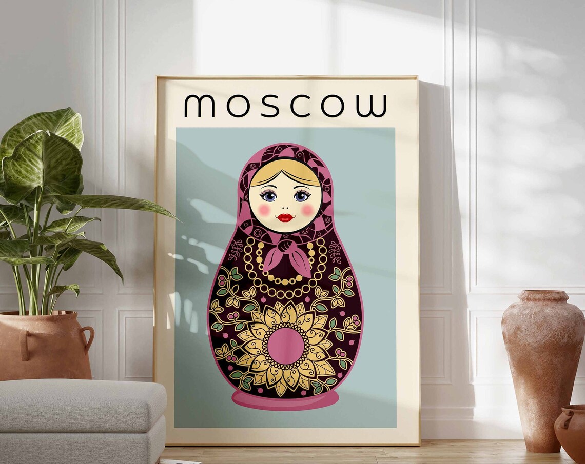 Moscow Russia Matryoshka Doll Folk Art Illustration Travel Poster