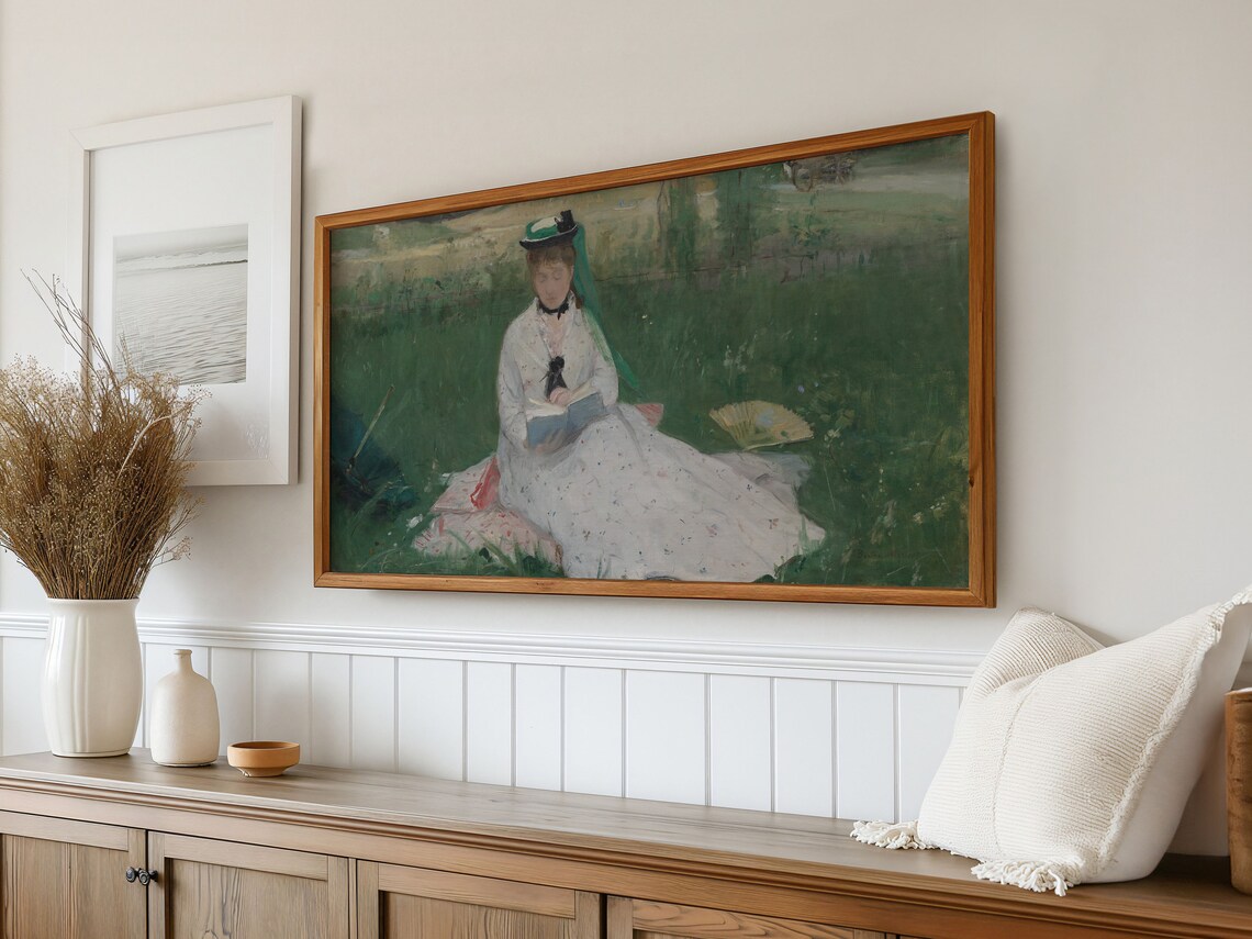 Woman Reading On The Grass, Vintage Oil Painting - Image 3