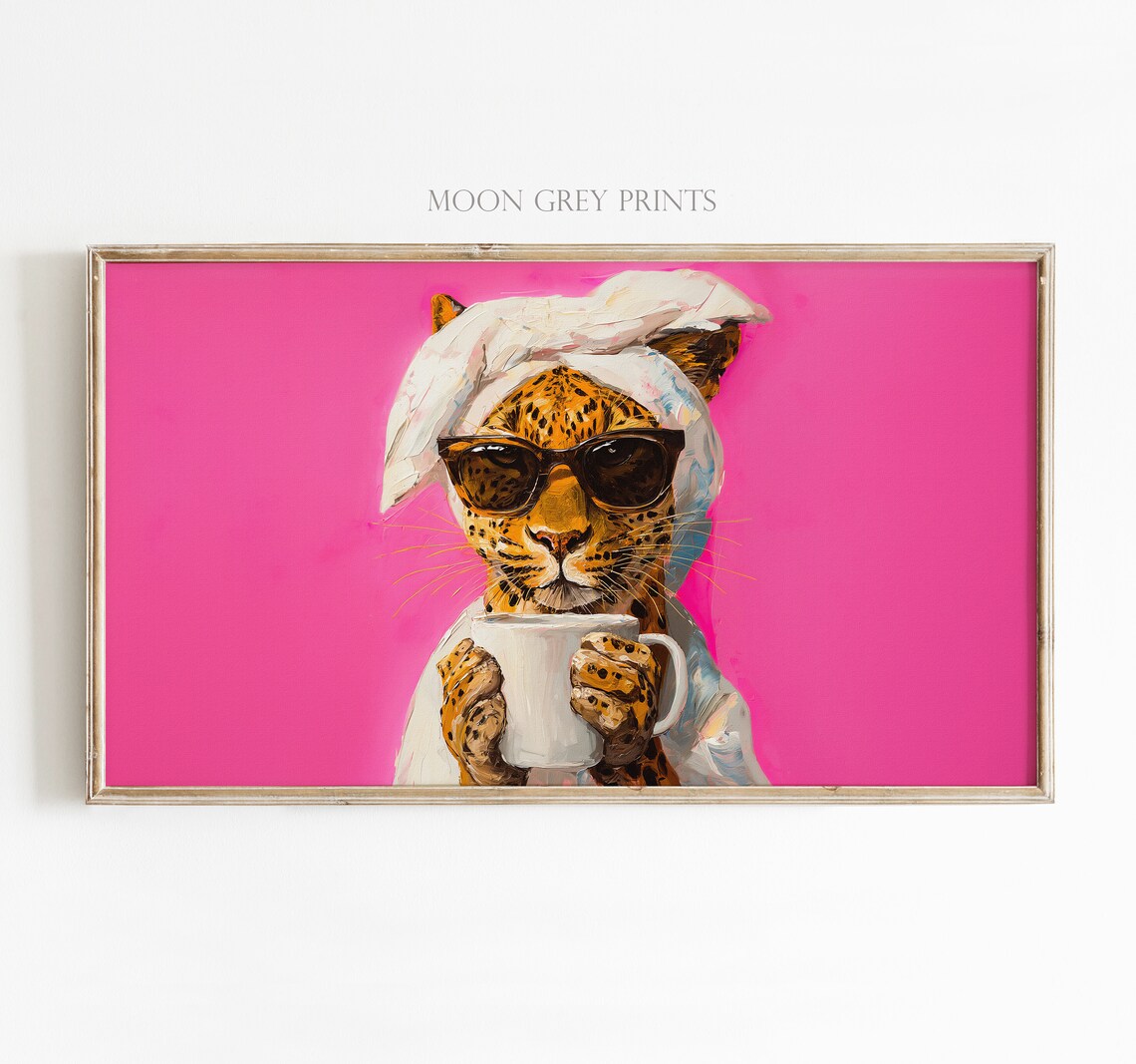 Leopard Drinking Morning Coffee, Maximalist Art Print - Image 2