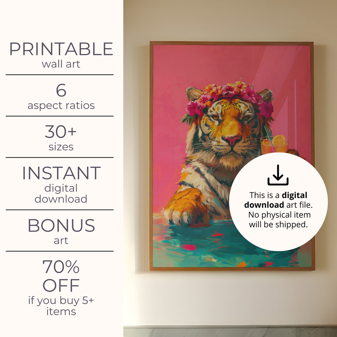 Tiger With A Cocktail, Maximalist Oil Painting - Image 4