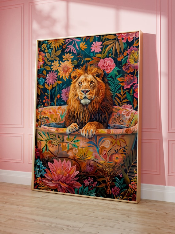 Lion In A Bathtub, Maximalist Oil Painting