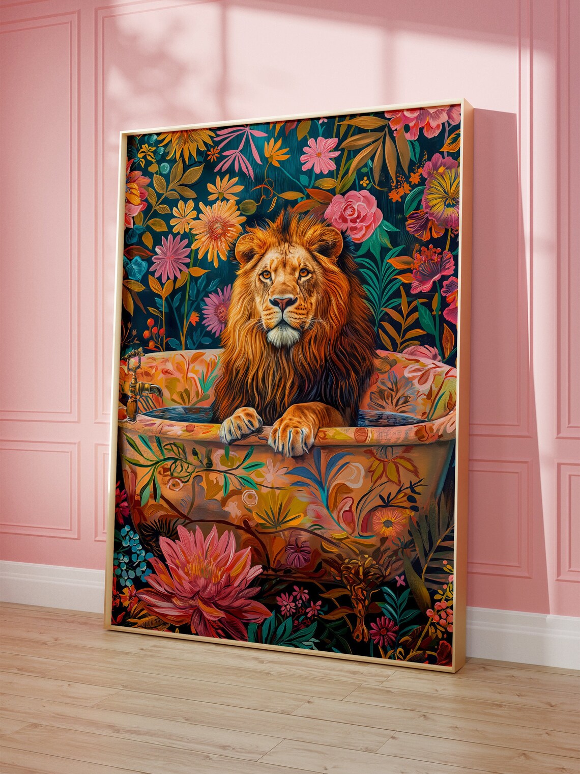 Lion In A Bathtub, Maximalist Oil Painting