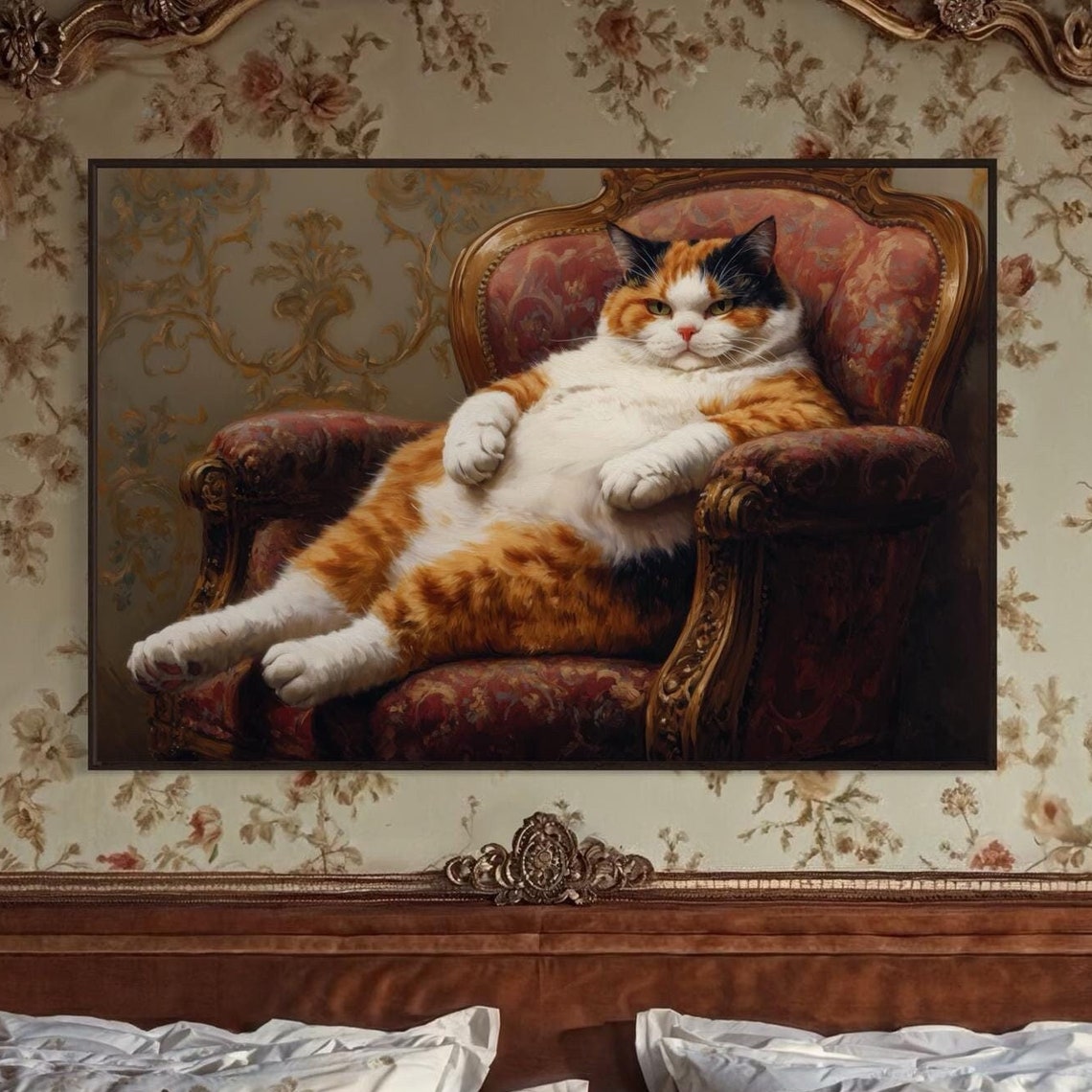 Chubby Calico Cat Lounging Ornate Victorian Chair Funny Pet Art Poster