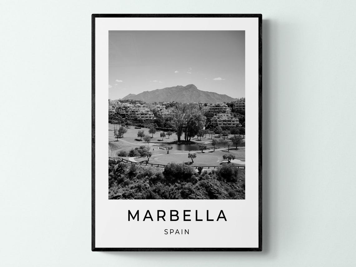 Marbella Spain Black And White Golf Course Mountain View Travel Poster