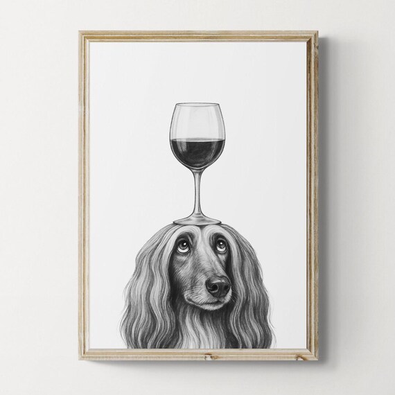Afghan Hound Dog Art Print Funny And Wine Drawing Lover Wall Decor Lovers Gifts
