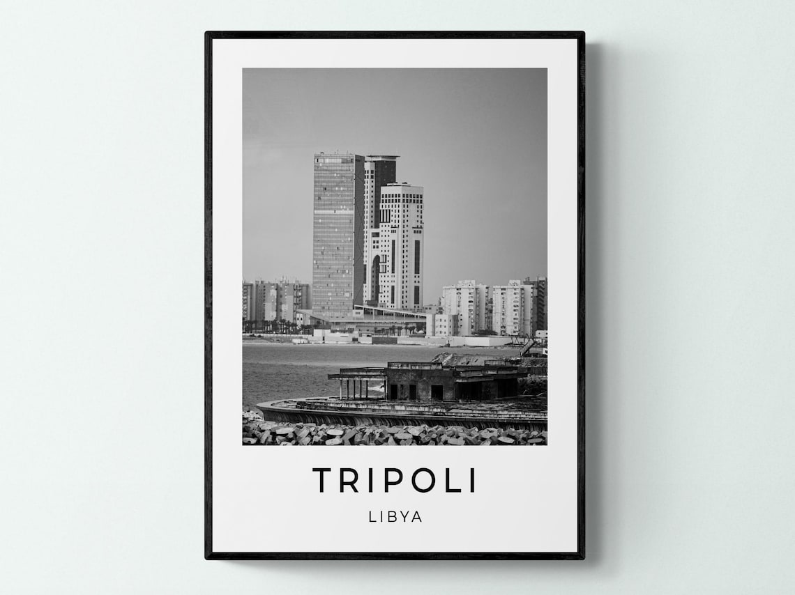 Tripoli Libya Waterfront Twin Towers Bay View Monochrome Travel Poster