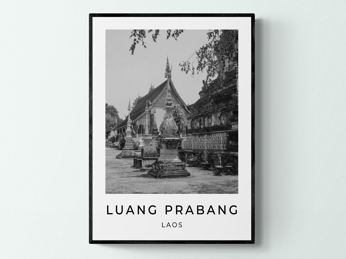 Luang Prabang Laos Buddhist Temple Stupas Monochrome Travel Poster