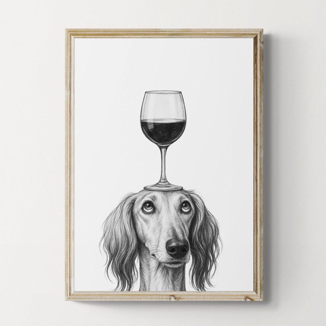 Saluki Dog Balancing Wine Glass Funny Black White Sketch Poster