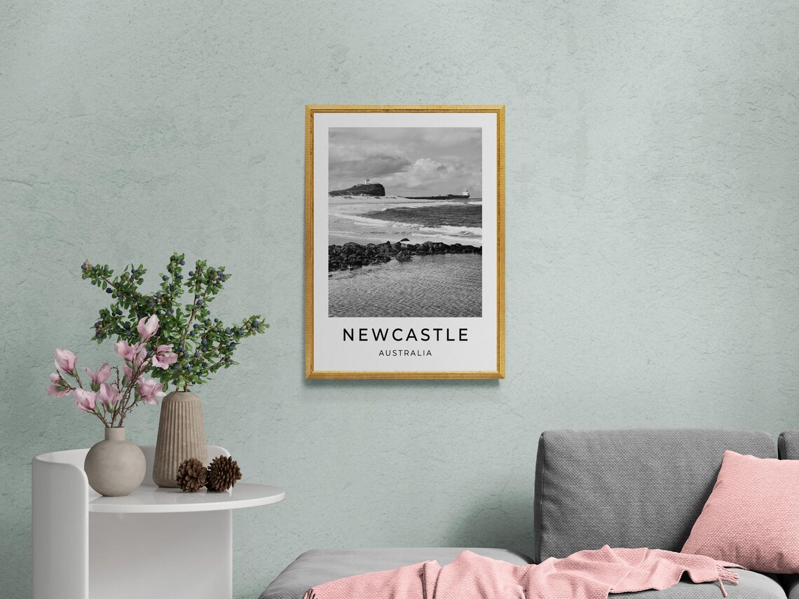 Newcastle Australia Nobbys Lighthouse Beach Ocean Black White Poster - Image 2
