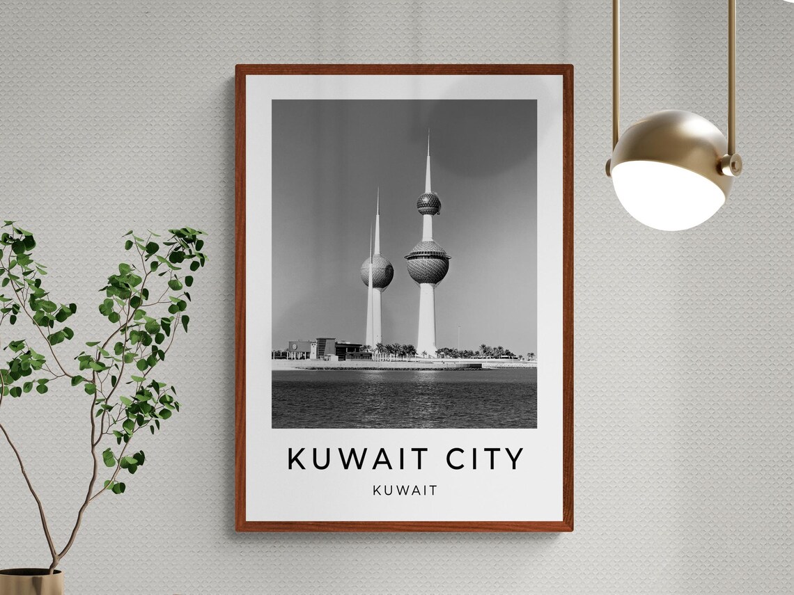 Kuwait City Towers Seaside Waterfront Monochrome Travel Poster - Image 3