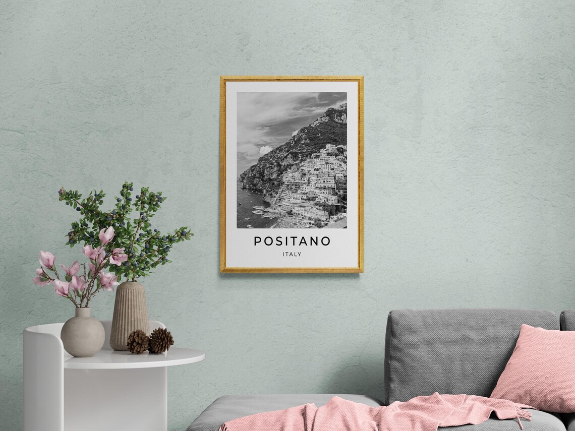 Positano Italy Amalfi Coast Black and White Minimalist Travel Poster