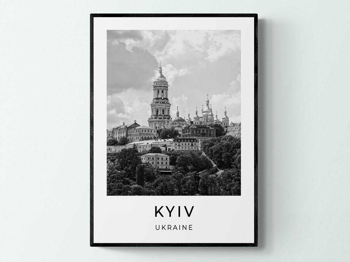 Kyiv Ukraine Pechersk Lavra Golden Domes Bell Tower Monochrome Poster