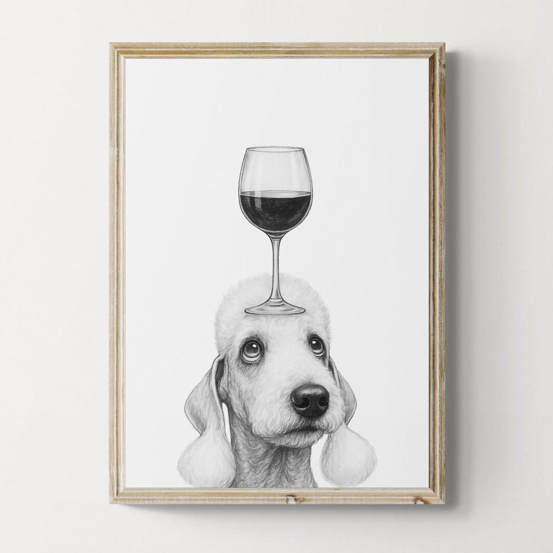 Bedlington Terrier Balancing Red Wine Glass Pencil Sketch Poster