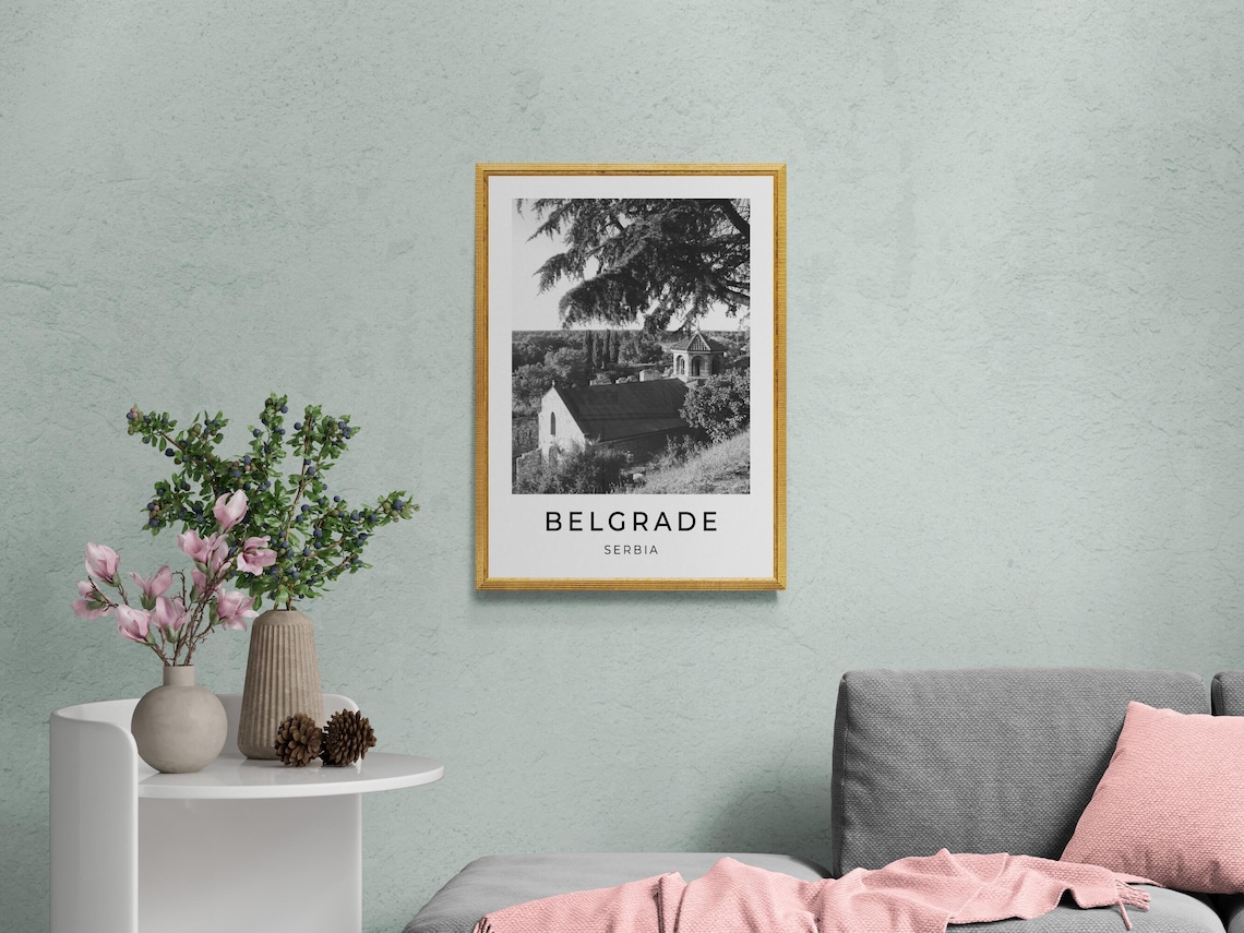 Belgrade Serbia Historic Stone Church Black And White Travel Poster - Image 2