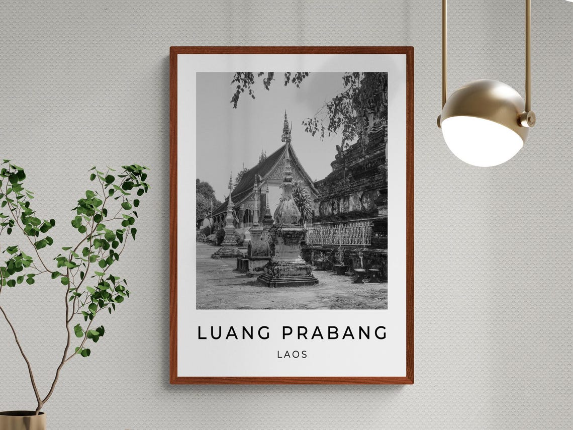 Luang Prabang Laos Buddhist Temple Stupas Monochrome Travel Poster - Image 3
