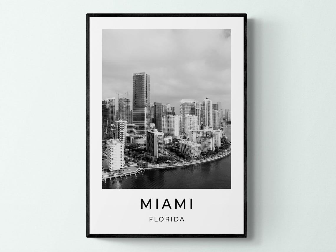 Miami Florida Downtown Brickell Skyline Bay Aerial Monochrome Poster