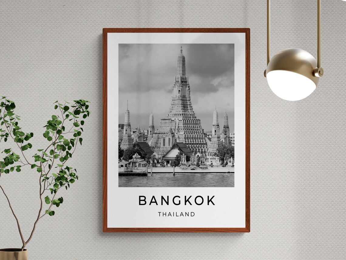 Bangkok Thailand Wat Arun Temple of Dawn Riverside Black White Poster - Image 3