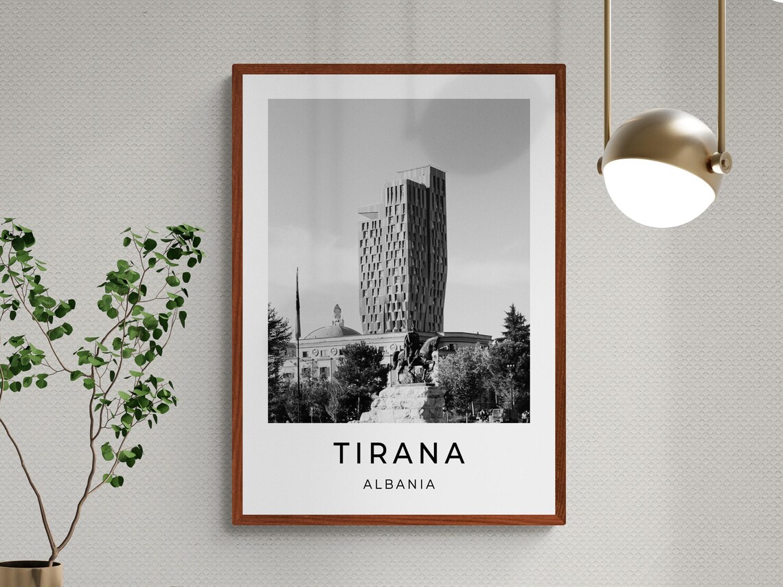 Tirana Albania Black and White Modern Tower Statue City Travel Poster - Image 3