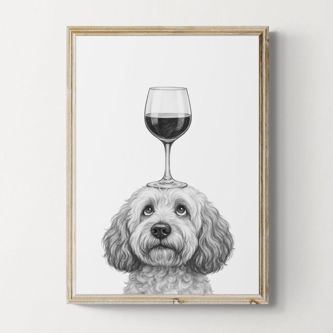 Cockapoo Dog Balancing Red Wine Glass Curly Coated Sketch Poster
