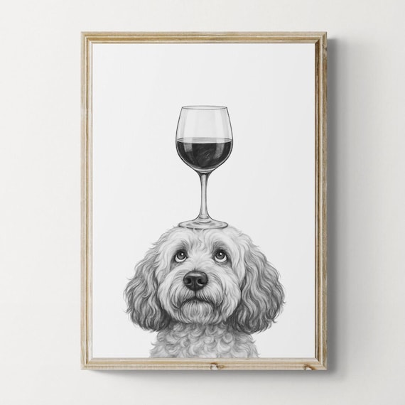 Cockapoo Dog Art Print Funny And Wine Drawing Lover Wall Decor Lovers Gifts